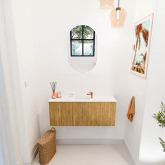 JOYA 100cm toiletmeubel kleur Oak. Wastafel FAYE positie Midden 1 kraangat kleur Talc.