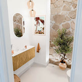 JOYA 100cm toiletmeubel kleur Oak. Wastafel FAYE positie Midden 1 kraangat kleur Talc.