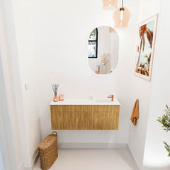 JOYA 100cm toiletmeubel kleur Oak. Wastafel FAYE positie Rechts 1 kraangat kleur Talc.