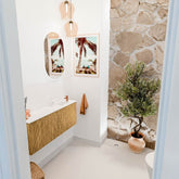 JOYA 100cm toiletmeubel kleur Oak. Wastafel FAYE positie Rechts 1 kraangat kleur Talc.