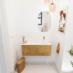 JOYA 100cm toiletmeubel kleur Oak. Wastafel FAYE positie Rechts Zonder kraangat kleur Talc.