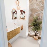 JOYA 100cm toiletmeubel kleur Oak. Wastafel FAYE positie Rechts Zonder kraangat kleur Talc.