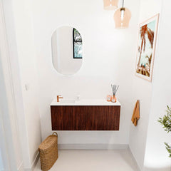 JOYA 100cm toiletmeubel kleur Ruby. Wastafel FAYE positie Links 1 kraangat kleur Talc.