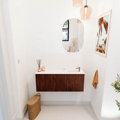 JOYA 100cm toiletmeubel kleur Ruby. Wastafel FAYE positie Rechts 1 kraangat kleur Talc.