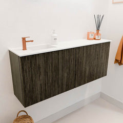 JOYA 100cm toiletmeubel kleur Shadow. Wastafel FAYE positie Links 1 kraangat kleur Talc.