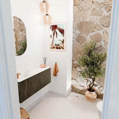 JOYA 100cm toiletmeubel kleur Shadow. Wastafel FAYE positie Links 1 kraangat kleur Talc.