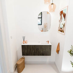 JOYA 100cm toiletmeubel kleur Shadow. Wastafel FAYE positie Rechts 1 kraangat kleur Talc.