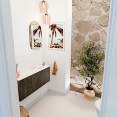 JOYA 100cm toiletmeubel kleur Shadow. Wastafel FAYE positie Rechts 1 kraangat kleur Talc.