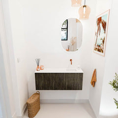 JOYA 100cm toiletmeubel kleur Shadow. Wastafel FAYE positie Rechts Zonder kraangat kleur Talc.