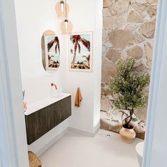 JOYA 100cm toiletmeubel kleur Shadow. Wastafel FAYE positie Rechts Zonder kraangat kleur Talc.