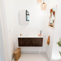 JOYA 100cm toiletmeubel kleur Walnut. Wastafel FAYE positie Links 1 kraangat kleur Talc.