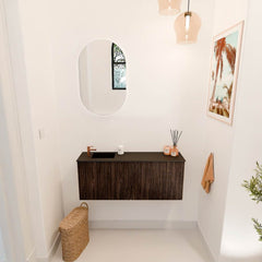 JOYA 100cm toiletmeubel kleur Walnut. Wastafel FAYE positie Links 1 kraangat kleur Urban.