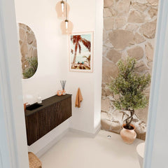 JOYA 100cm toiletmeubel kleur Walnut. Wastafel FAYE positie Links 1 kraangat kleur Urban.