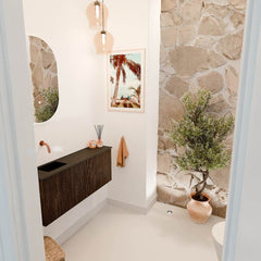 JOYA 100cm toiletmeubel kleur Walnut. Wastafel FAYE positie Links Zonder kraangat kleur Urban.