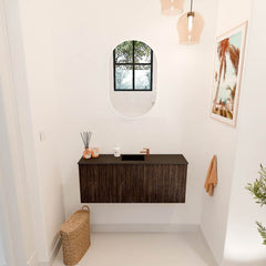 JOYA 100cm toiletmeubel kleur Walnut. Wastafel FAYE positie Midden 1 kraangat kleur Urban.