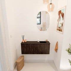 JOYA 100cm toiletmeubel kleur Walnut. Wastafel FAYE positie Rechts 1 kraangat kleur Urban.