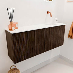 JOYA 100cm toiletmeubel kleur Walnut. Wastafel FAYE positie Rechts Zonder kraangat kleur Talc.