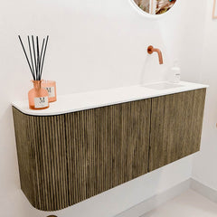 JOYA 101,6cm toiletmeubel ronding links kleur Dusk. Wastafel FAYE positie Rechts Zonder kraangat kleur Talc.