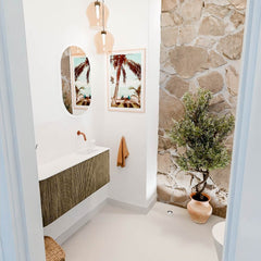 JOYA 101,6cm toiletmeubel ronding links kleur Dusk. Wastafel FAYE positie Rechts Zonder kraangat kleur Talc.