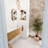 JOYA 101,6cm toiletmeubel ronding links kleur Oak. Wastafel FAYE positie Rechts 1 kraangat kleur Talc.