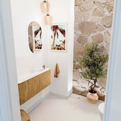 JOYA 101,6cm toiletmeubel ronding links kleur Oak. Wastafel FAYE positie Rechts 1 kraangat kleur Talc.