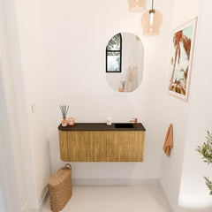 JOYA 101,6cm toiletmeubel ronding links kleur Oak. Wastafel FAYE positie Rechts 1 kraangat kleur Urban.