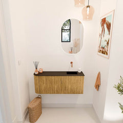 JOYA 101,6cm toiletmeubel ronding links kleur Oak. Wastafel FAYE positie Rechts Zonder kraangat kleur Urban.