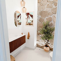 JOYA 101,6cm toiletmeubel ronding links kleur Ruby. Wastafel FAYE positie Rechts 1 kraangat kleur Talc.