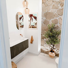 JOYA 101,6cm toiletmeubel ronding links kleur Shadow. Wastafel FAYE positie Rechts Zonder kraangat kleur Talc.