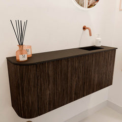 JOYA 101,6cm toiletmeubel ronding links kleur Walnut. Wastafel FAYE positie Rechts Zonder kraangat kleur Urban.