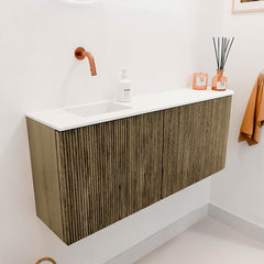 JOYA 101,6cm toiletmeubel ronding rechts kleur Dusk. Wastafel FAYE positie Links Zonder kraangat kleur Talc.