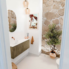 JOYA 101,6cm toiletmeubel ronding rechts kleur Dusk. Wastafel FAYE positie Links Zonder kraangat kleur Talc.