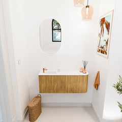 JOYA 101,6cm toiletmeubel ronding rechts kleur Oak. Wastafel FAYE positie Links 1 kraangat kleur Talc.