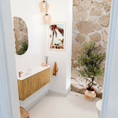 JOYA 101,6cm toiletmeubel ronding rechts kleur Oak. Wastafel FAYE positie Links 1 kraangat kleur Talc.