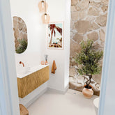 JOYA 101,6cm toiletmeubel ronding rechts kleur Oak. Wastafel FAYE positie Links Zonder kraangat kleur Talc.