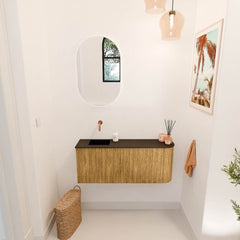 JOYA 101,6cm toiletmeubel ronding rechts kleur Oak. Wastafel FAYE positie Links Zonder kraangat kleur Urban.