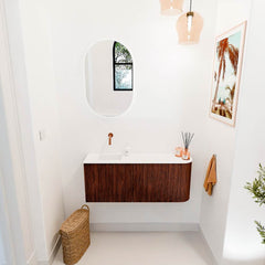 JOYA 101,6cm toiletmeubel ronding rechts kleur Ruby. Wastafel FAYE positie Links Zonder kraangat kleur Talc.