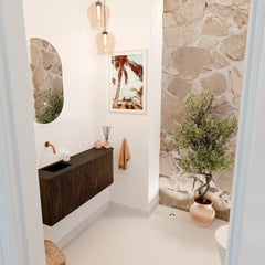 JOYA 101,6cm toiletmeubel ronding rechts kleur Walnut. Wastafel FAYE positie Links Zonder kraangat kleur Urban.