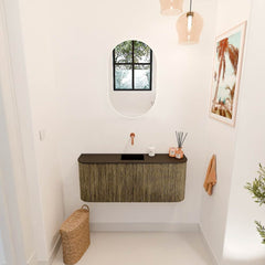 JOYA 103,2cm toiletmeubel ronding links + rechts kleur Dusk. Wastafel FAYE positie Midden Zonder kraangat kleur Urban.