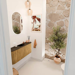 JOYA 103,2cm toiletmeubel ronding links + rechts kleur Oak. Wastafel FAYE positie Midden 1 kraangat kleur Urban.