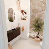 JOYA 103,2cm toiletmeubel ronding links + rechts kleur Walnut. Wastafel FAYE positie Midden Zonder kraangat kleur Urban.