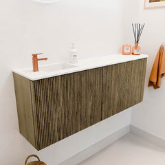 JOYA 111,6cm toiletmeubel ronding rechts kleur Dusk. Wastafel FAYE positie Links 1 kraangat kleur Talc.