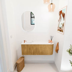 JOYA 111,6cm toiletmeubel ronding rechts kleur Oak. Wastafel FAYE positie Links 1 kraangat kleur Talc.