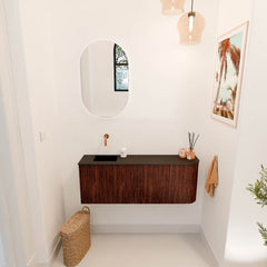 JOYA 111,6cm toiletmeubel ronding rechts kleur Ruby. Wastafel FAYE positie Links Zonder kraangat kleur Urban.