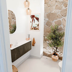 JOYA 111,6cm toiletmeubel ronding rechts kleur Shadow. Wastafel FAYE positie Links 1 kraangat kleur Talc.