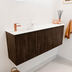 JOYA 111,6cm toiletmeubel ronding rechts kleur Walnut. Wastafel FAYE positie Links 1 kraangat kleur Talc.