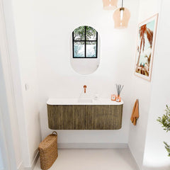 JOYA 113,2cm toiletmeubel ronding links + rechts kleur Dusk. Wastafel FAYE positie Midden Zonder kraangat kleur Talc.