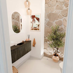 JOYA 113,2cm toiletmeubel ronding links + rechts kleur Shadow. Wastafel FAYE positie Midden 1 kraangat kleur Urban.