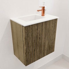 JOYA 40cm toiletmeubel kleur Dusk. Wastafel FAYE positie Links 1 kraangat kleur Talc