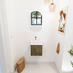 JOYA 40cm toiletmeubel kleur Dusk. Wastafel FAYE positie Links Zonder kraangat kleur Talc